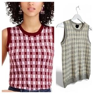 J.Crew Italian Cashmere Gray Gingham Sleeveless Sweater S Preppy Luxe